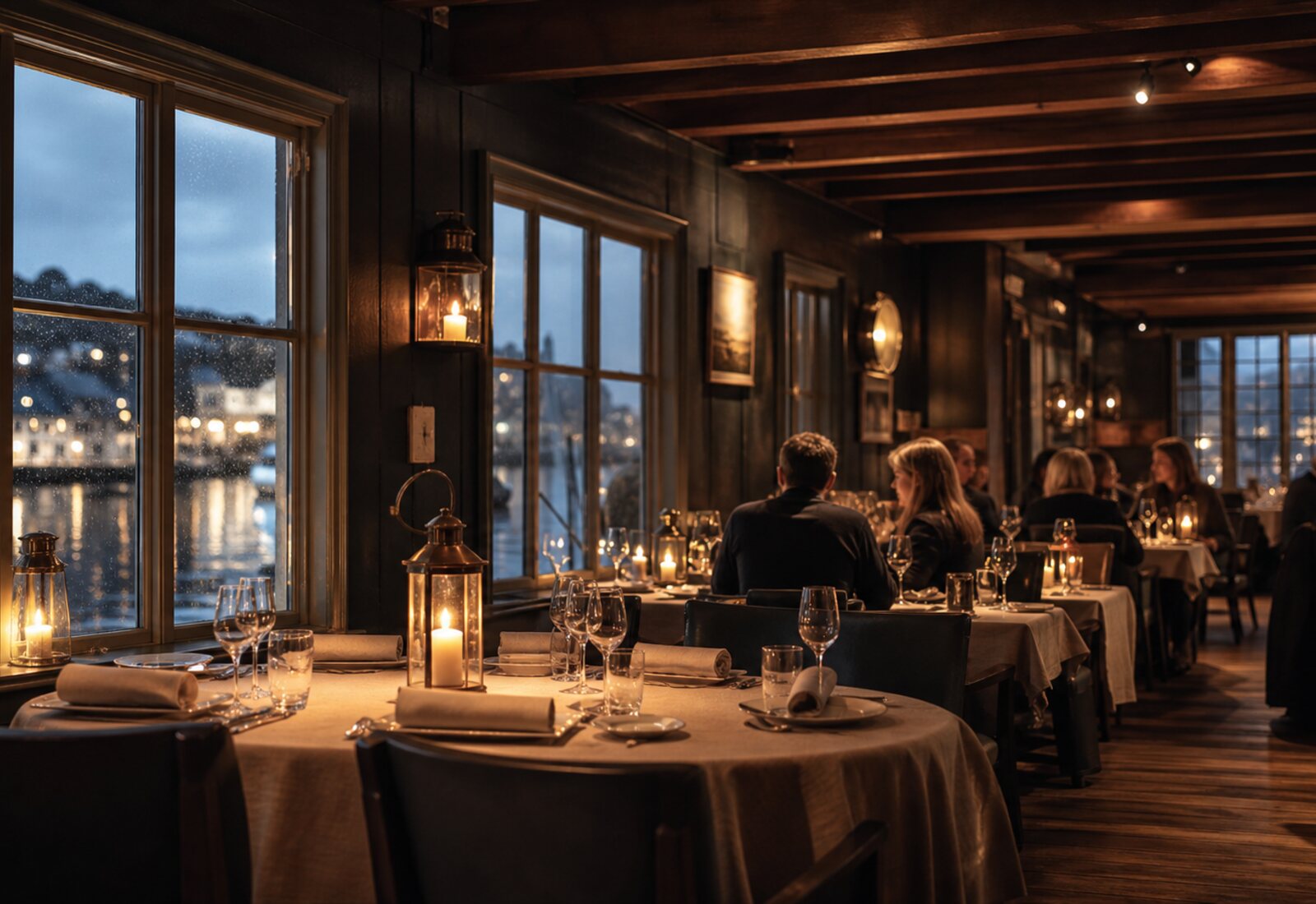 Varm restaurant i tre med lykter og utsikt mot Stavangers havn